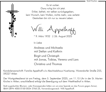 Anzeige von Willi Appelhoff 