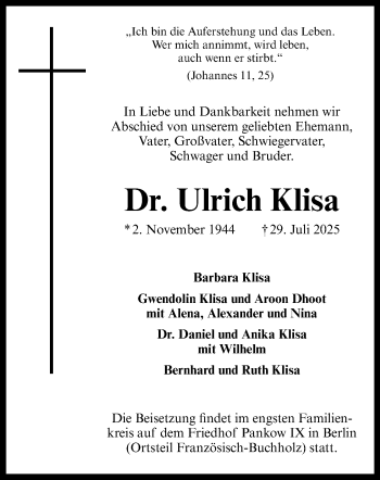 Anzeige von Dr. Ulrich Klisa 