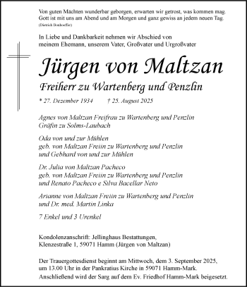 Anzeige von Jürgen von Maltzan Freiherr zu Wartenberg und Penzlin 
