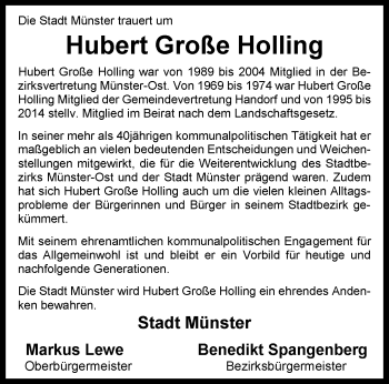 Anzeige von Hubert Große Holling 