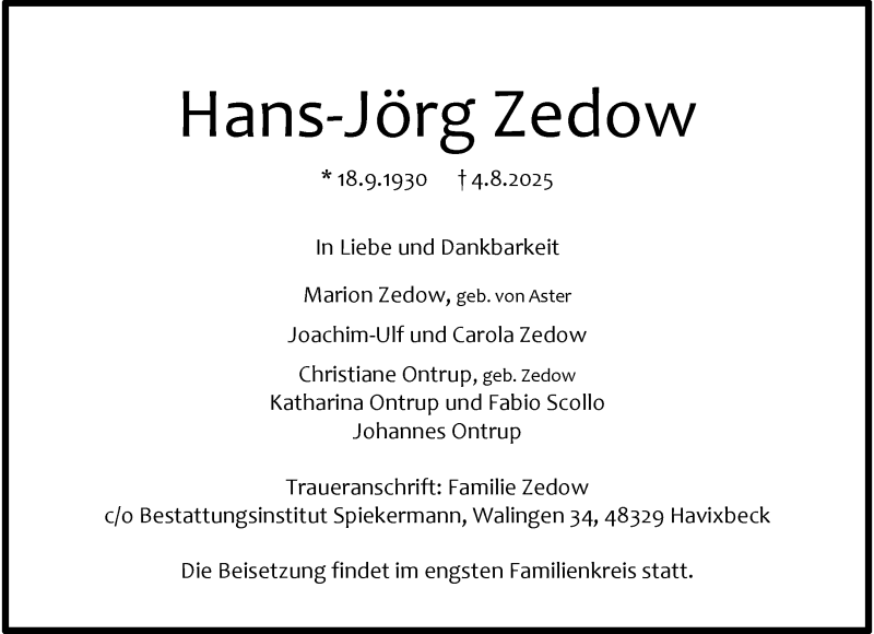  Traueranzeige für Hans-Jörg Zedow vom 09.08.2025 aus 