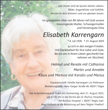 Anzeige von Elisabeth Karrengarn 