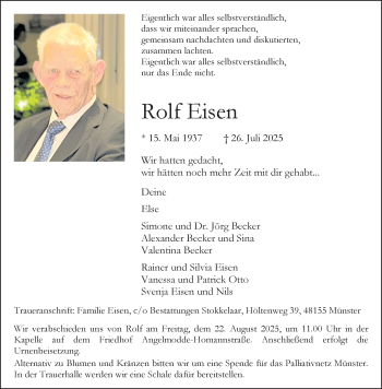 Anzeige von Rolf Eisen 