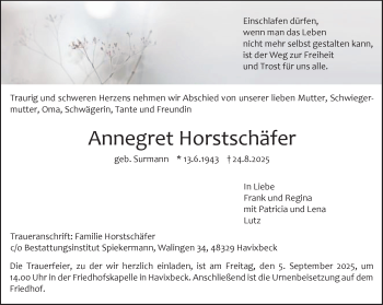 Anzeige von Annegret Horstschäfer 
