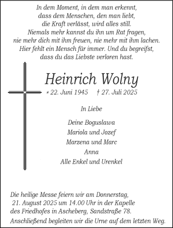 Anzeige von Heinrich Wolny 