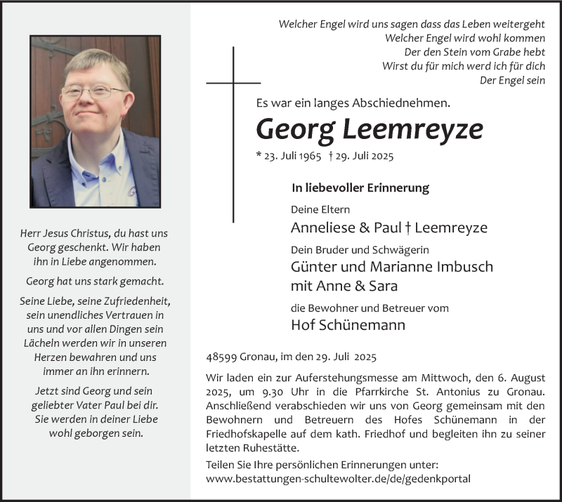  Traueranzeige für Georg Leemreyze vom 02.08.2025 aus 