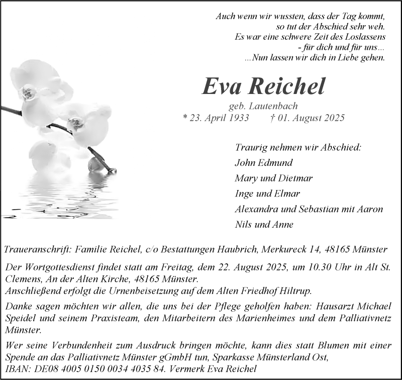  Traueranzeige für Eva Reichel vom 16.08.2025 aus 