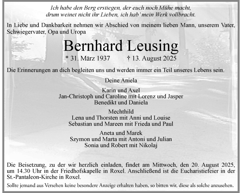  Traueranzeige für Bernhard Leusing vom 16.08.2025 aus 