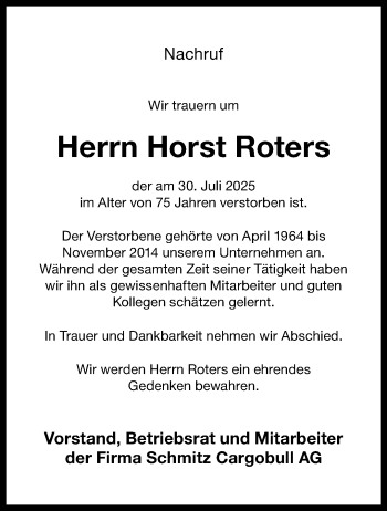 Anzeige von Horst Roters 