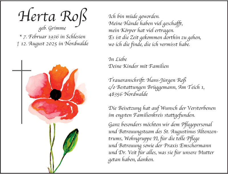  Traueranzeige für Herta Roß vom 27.08.2025 aus 