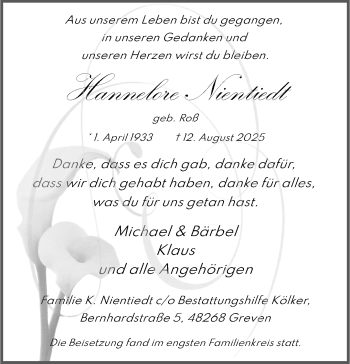 Anzeige von Hannelore Nientiedt 