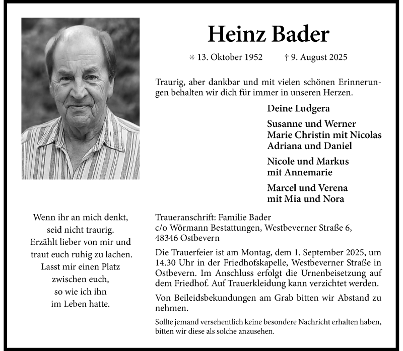  Traueranzeige für Heinz Bader vom 23.08.2025 aus 