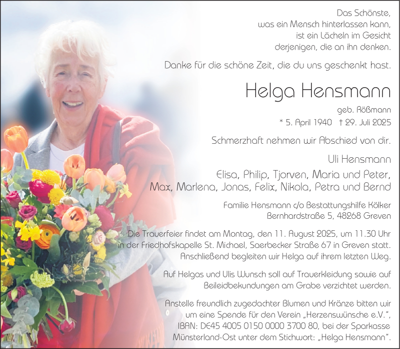  Traueranzeige für Helga Hensmann vom 06.08.2025 aus 