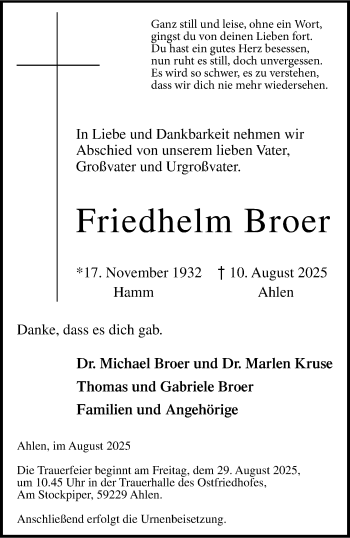 Anzeige von Friedhelm Broer 
