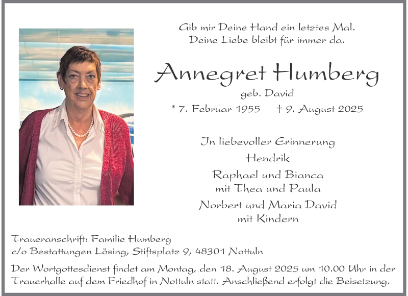  Traueranzeige für Annegret Humberg vom 13.08.2025 aus 