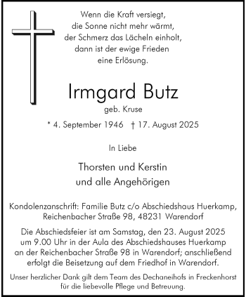 Anzeige von Irmgard Butz 