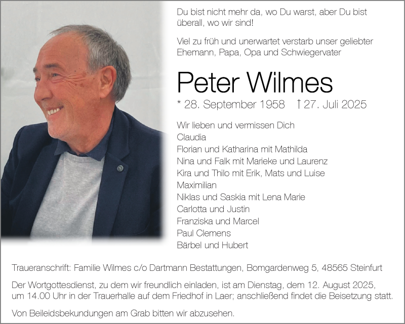 Traueranzeige für Peter Wilmes vom 06.08.2025 aus 