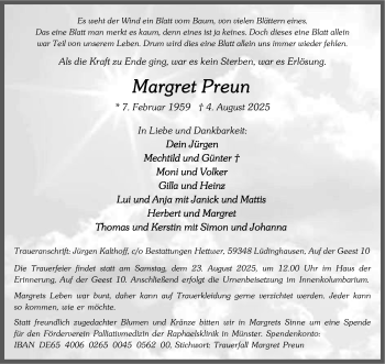 Anzeige von Margret Preun 