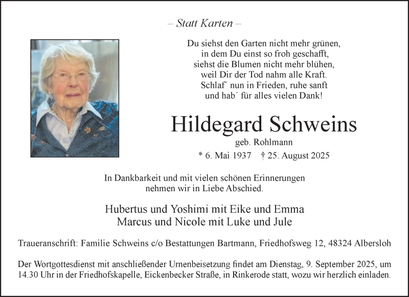  Traueranzeige für Hildegard Schweins vom 30.08.2025 aus 