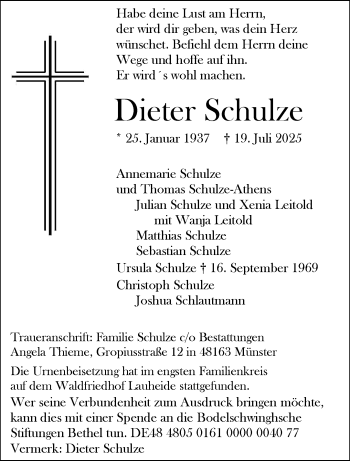 Anzeige von Dieter Schulze 