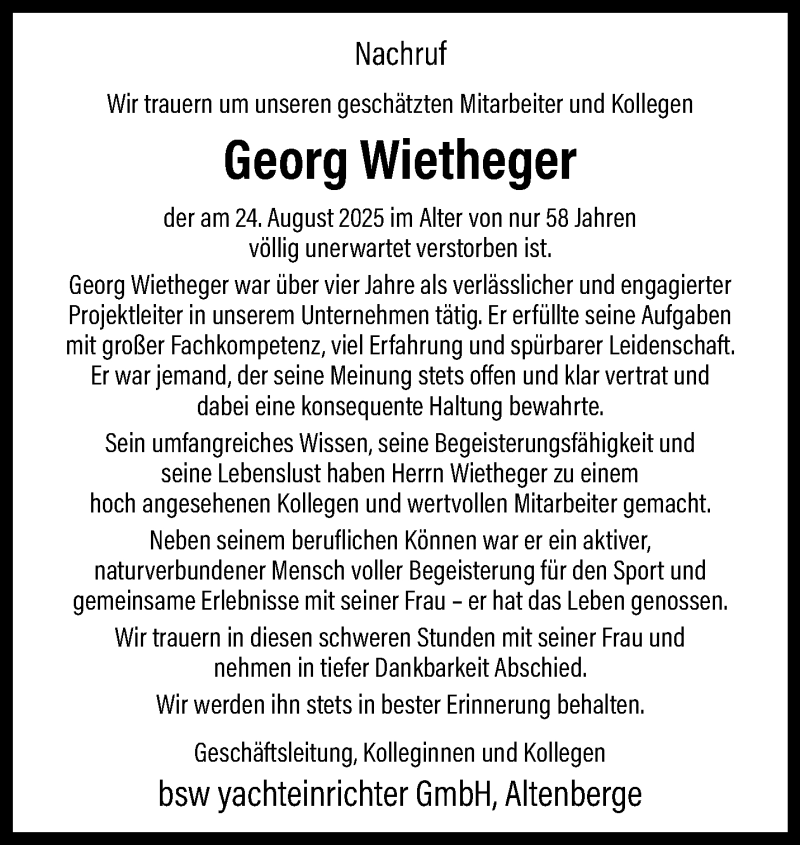  Traueranzeige für Georg Wietheger vom 30.08.2025 aus 