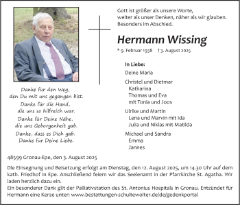 Anzeige von Hermann Wissing 