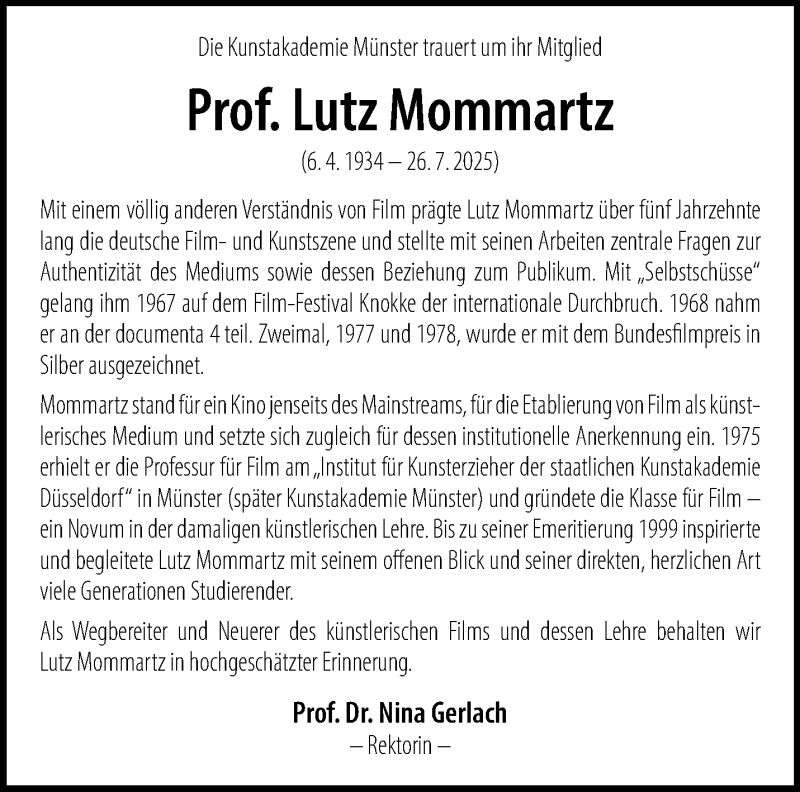  Traueranzeige für Prof. Lutz Mommartz vom 16.08.2025 aus 