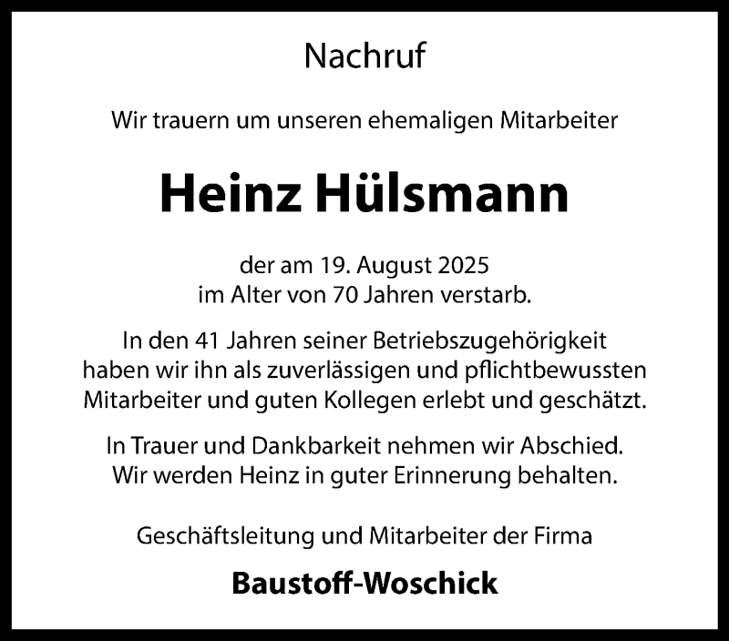  Traueranzeige für Heinz Hülsmann vom 29.08.2025 aus 