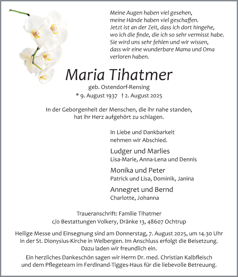  Traueranzeige für Maria Tihatmer vom 05.08.2025 aus 