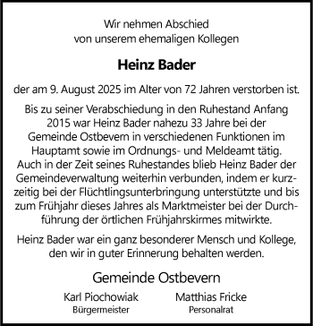 Anzeige von Heinz Bader 