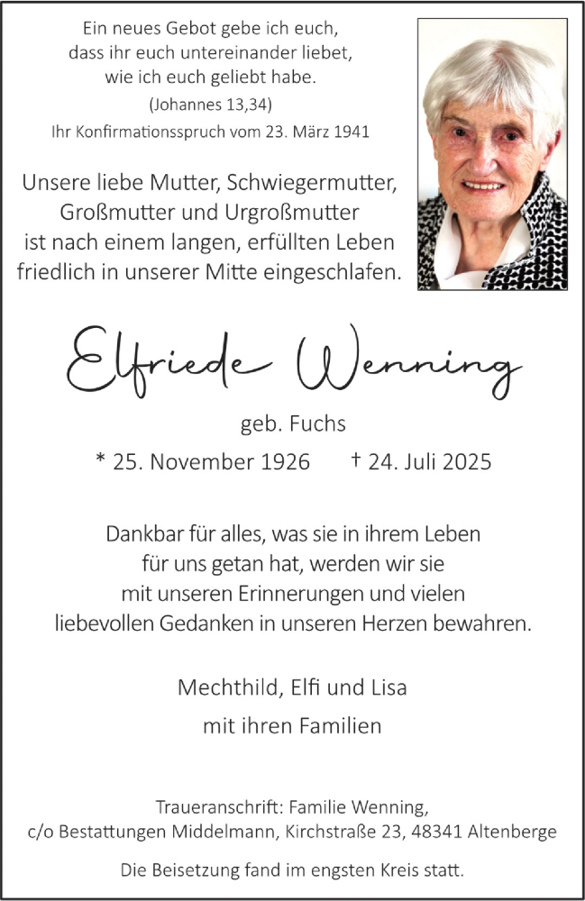  Traueranzeige für Elfriede Wenning vom 02.08.2025 aus 