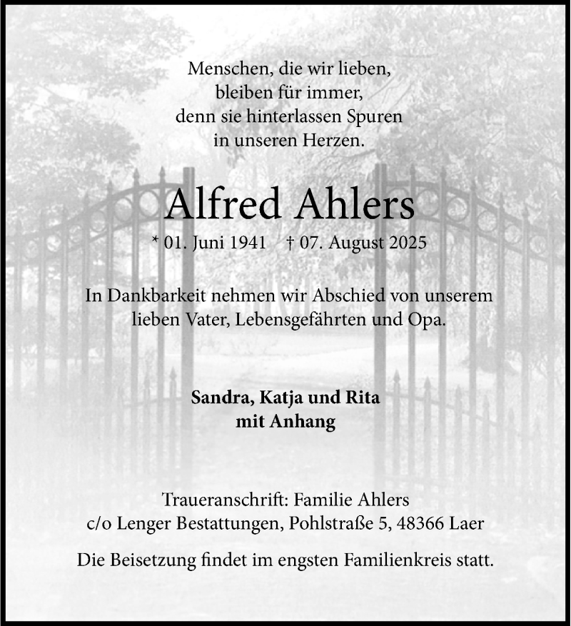  Traueranzeige für Alfred Ahlers vom 16.08.2025 aus 