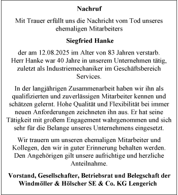 Anzeige von Siegfried Hanke 