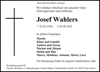 Anzeige von Josef Wahlers 