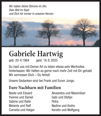Anzeige von Gabriele Hartwig 