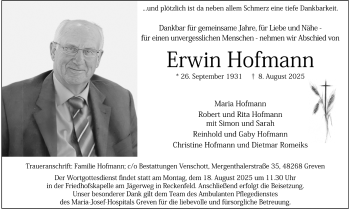 Anzeige von Erwin Hofmann 