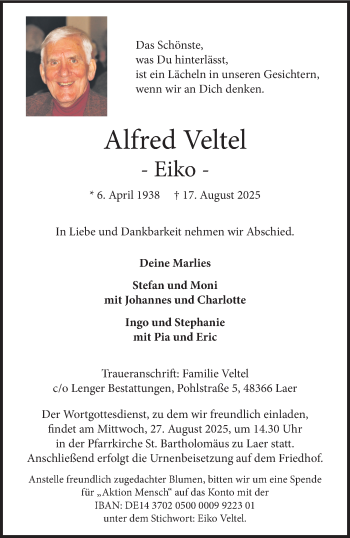Anzeige von Alfred Veltel 