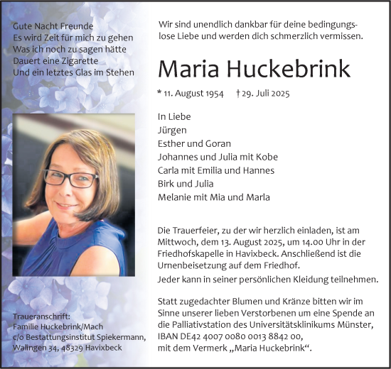 Anzeige von Maria Huckebrink von Westfälische Nachrichten