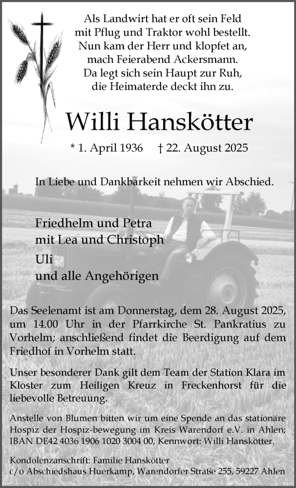  Traueranzeige für Willi Hanskötter vom 26.08.2025 aus 