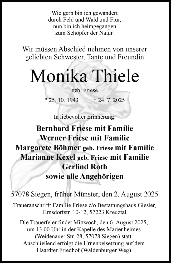  Traueranzeige für Monika Thiele vom 02.08.2025 aus 