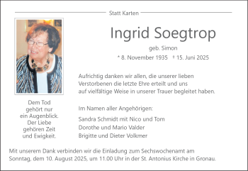 Anzeige von Ingrid Soegtrop 