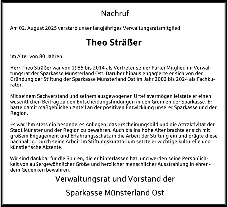  Traueranzeige für Theo Sträßer vom 13.08.2025 aus 