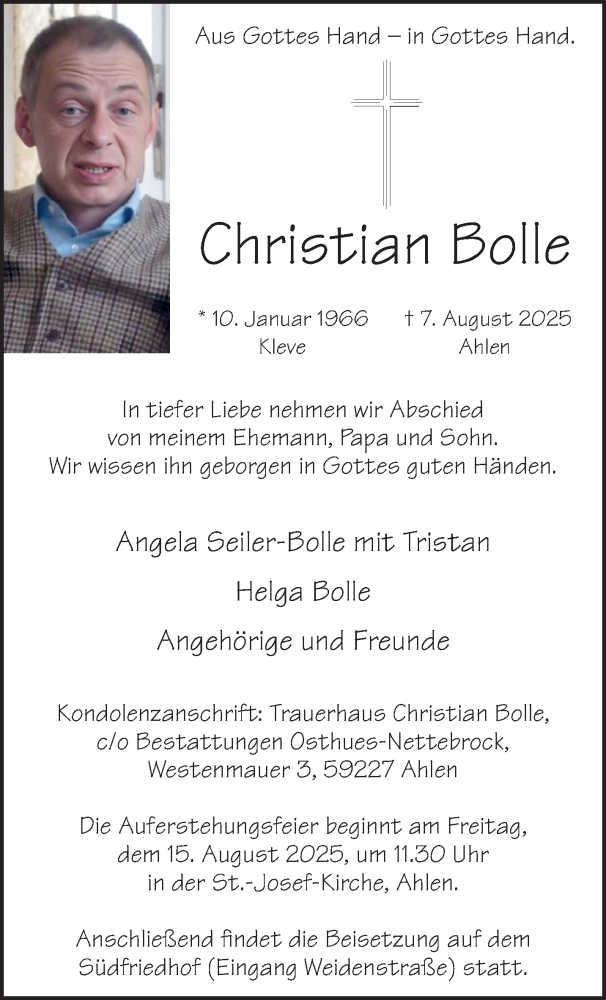 Traueranzeige für Christian Bolle vom 13.08.2025 aus 