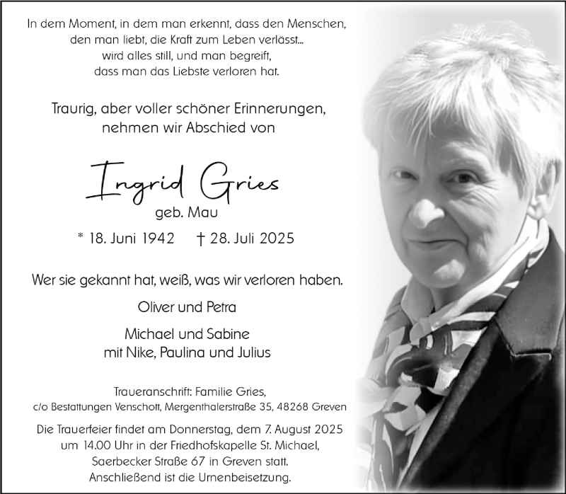  Traueranzeige für Ingrid Gries vom 02.08.2025 aus 