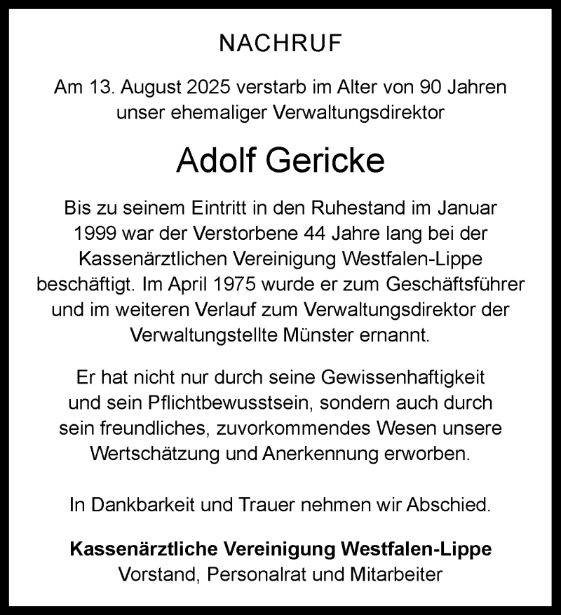  Traueranzeige für Adolf Gericke vom 30.08.2025 aus 