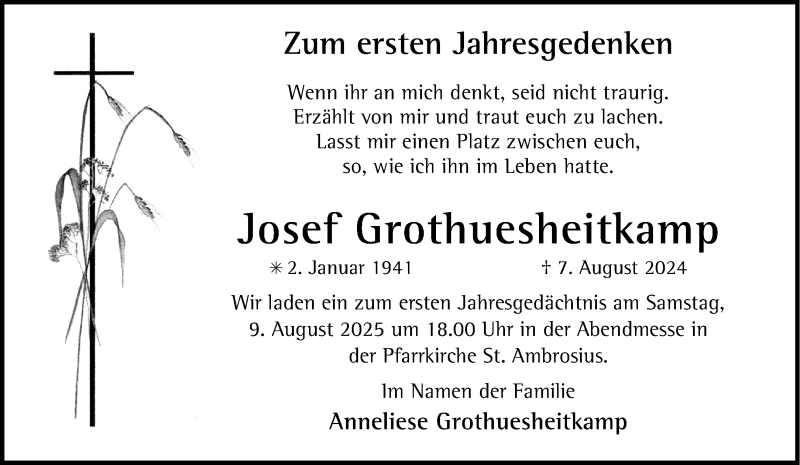  Traueranzeige für Josef Grothuesheitkamp vom 02.08.2025 aus 