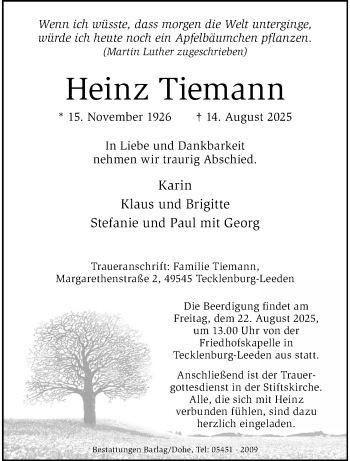 Anzeige von Heinz Tiemann 