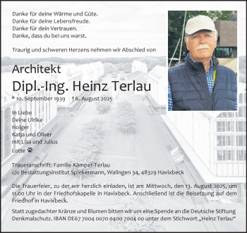 Anzeige von Dipl.-Ing. Heinz Terlau 