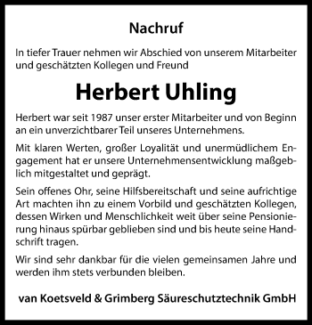 Anzeige von Herbert Uhling 