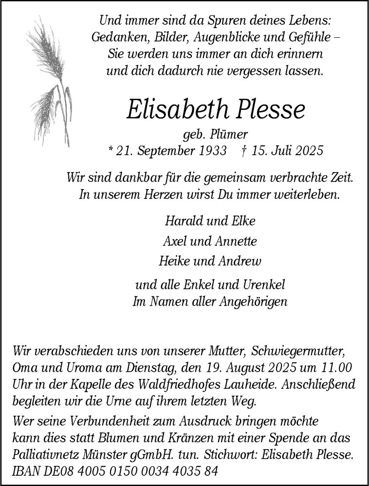  Traueranzeige für Elisabeth Plesse vom 09.08.2025 aus 